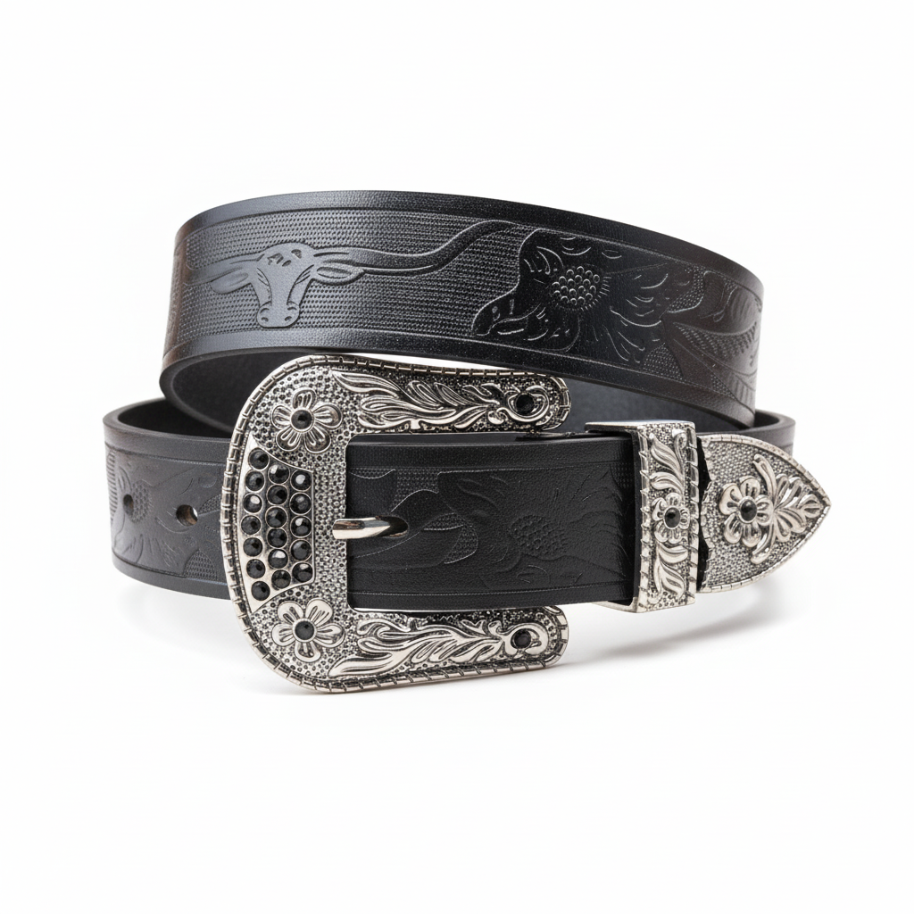 Ceinture Loup Noir pour homme en cuir refendu noir avec motifs gravés de tête de taureau et de fleurs, boucle ardillon argentée ornée de strass noirs.