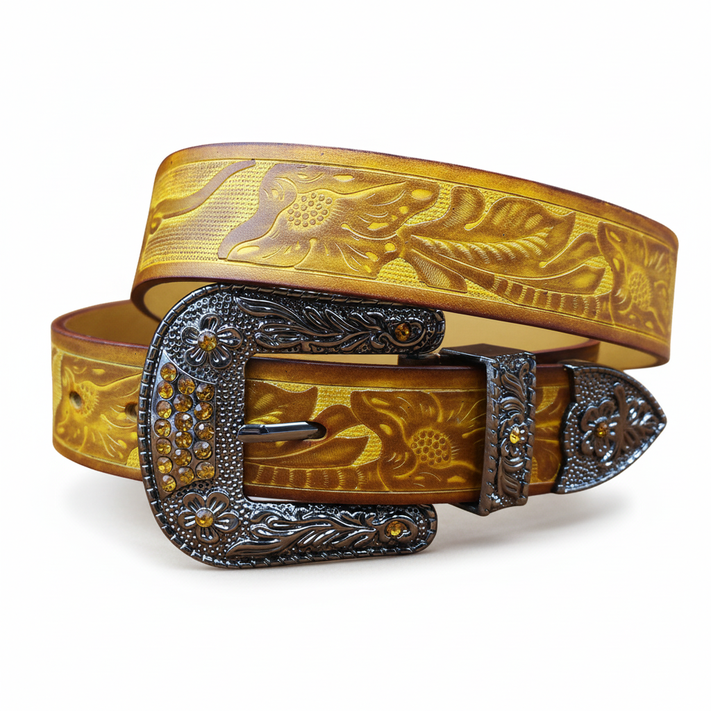 Ceinture Loup Noir homme en cuir jaune avec motifs floraux gravés et boucle argentée ornée de strass et d'une tête de taureau. #fullwidth