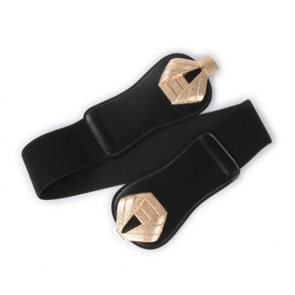 Ceinture large pour femme Lourmarin en cuir noir et textile extensible avec boucle ardillon dorée graphique