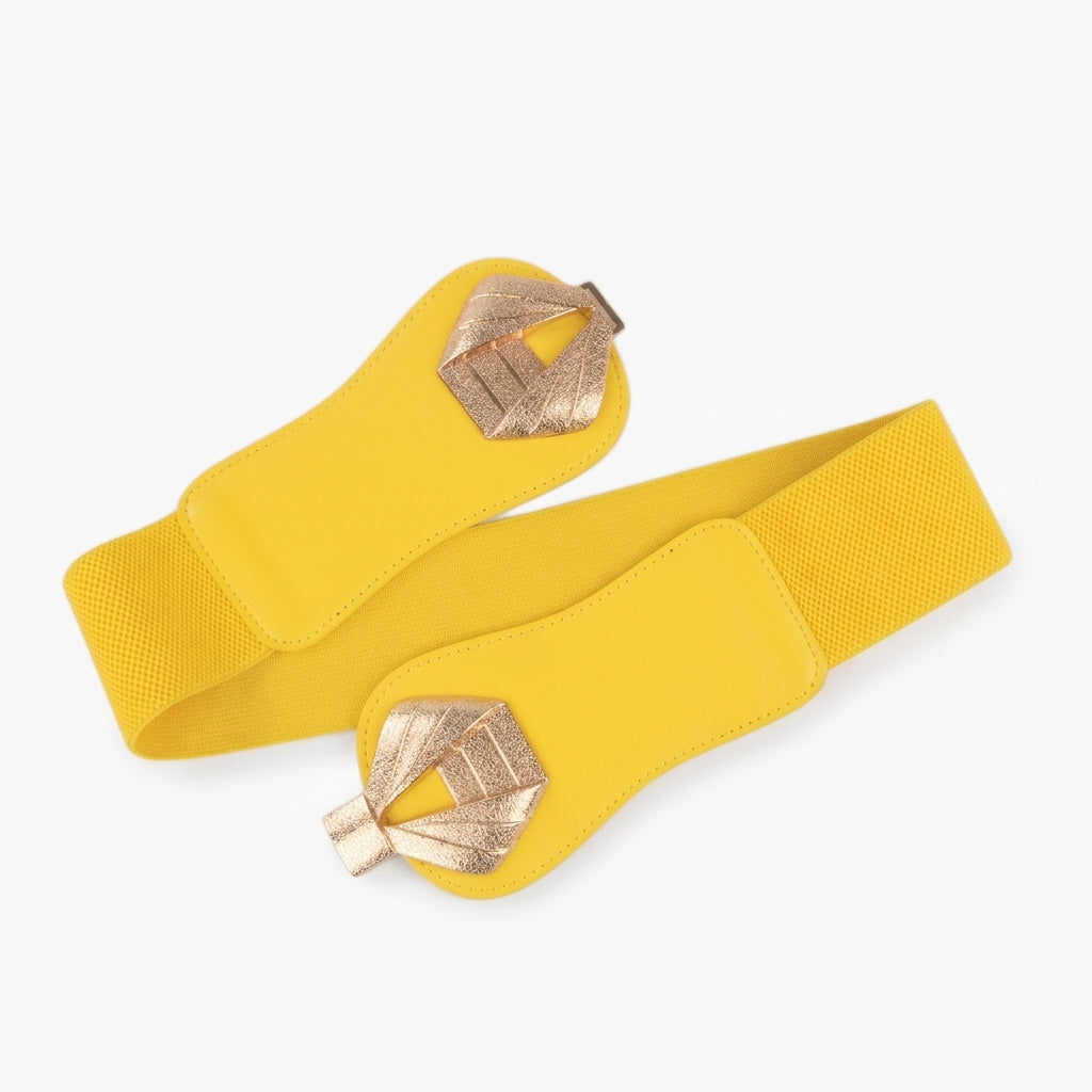 Ceinture large pour femme Lourmarin jaune extensible avec empiècements en cuir et boucle ardillon en métal doré graphique