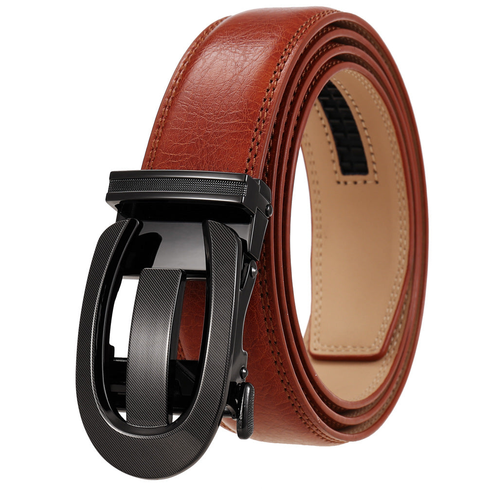 Ceinture homme Louvre60 en cuir marron cognac avec boucle automatique noire et système à encoche ouverte