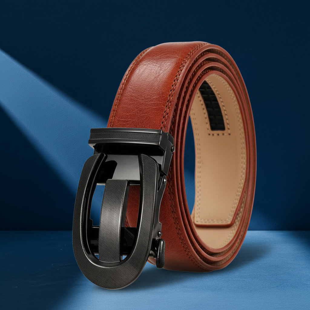 Ceinture homme Louvre60 en cuir marron vieilli (60T) avec boucle automatique ovale en alliage noir brossé, largeur 3,5 cm. #fullwidth