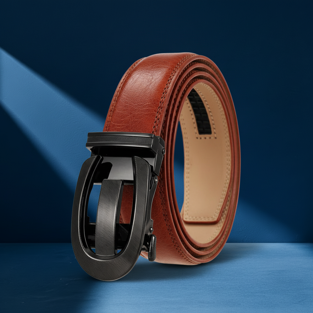 Ceinture homme Louvre60 en cuir marron avec boucle automatique noire texturée. #fullwidth