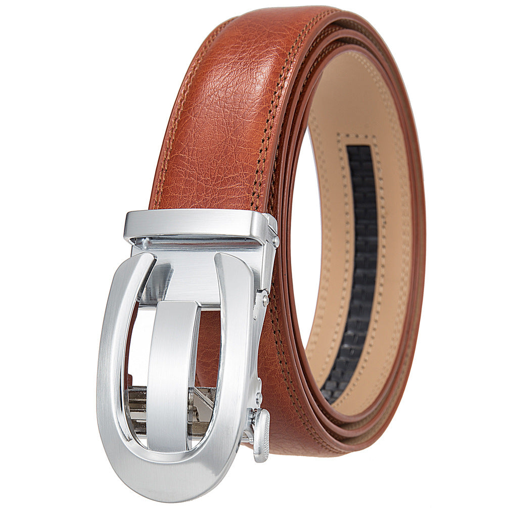 Ceinture homme Louvre60 en cuir marron cognac avec boucle automatique argentée brossée