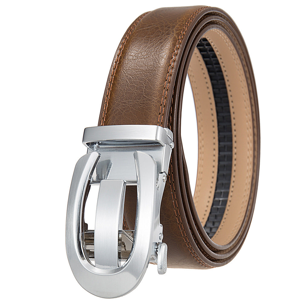 Ceinture homme Louvre60 en cuir marron clair avec boucle automatique argentée brossée, largeur 3,5 cm.