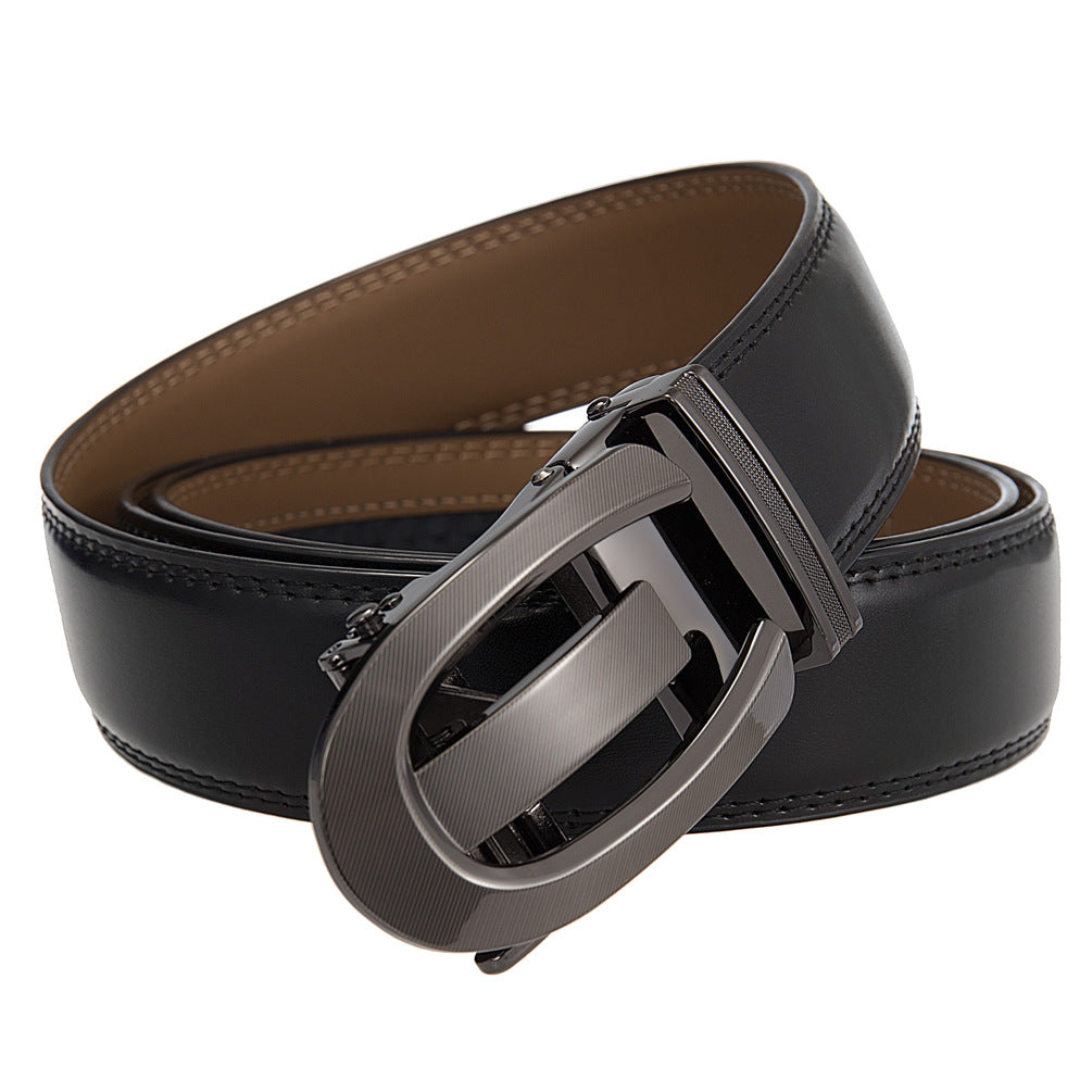 Ceinture homme Louvre95 en cuir de vachette noir avec boucle automatique ovale en alliage finition brossé argenté