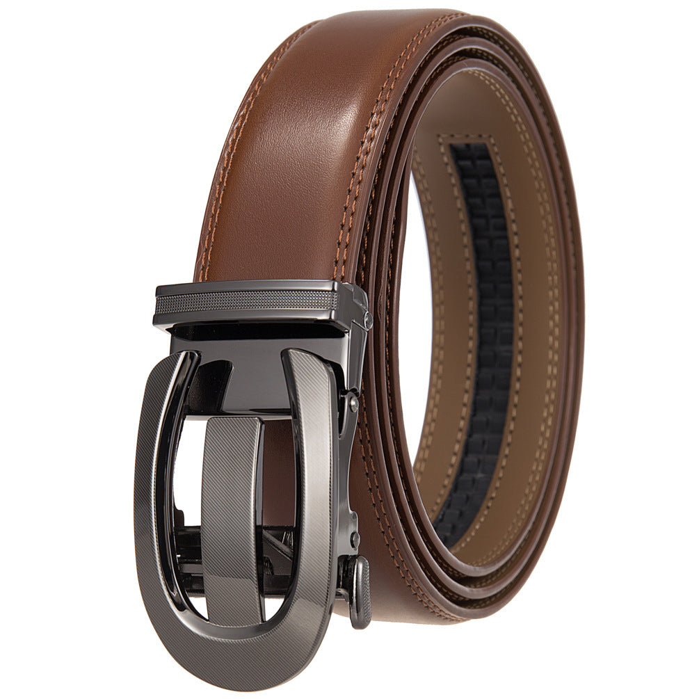 Ceinture homme Louvre95 en cuir marron avec boucle automatique brossée argentée