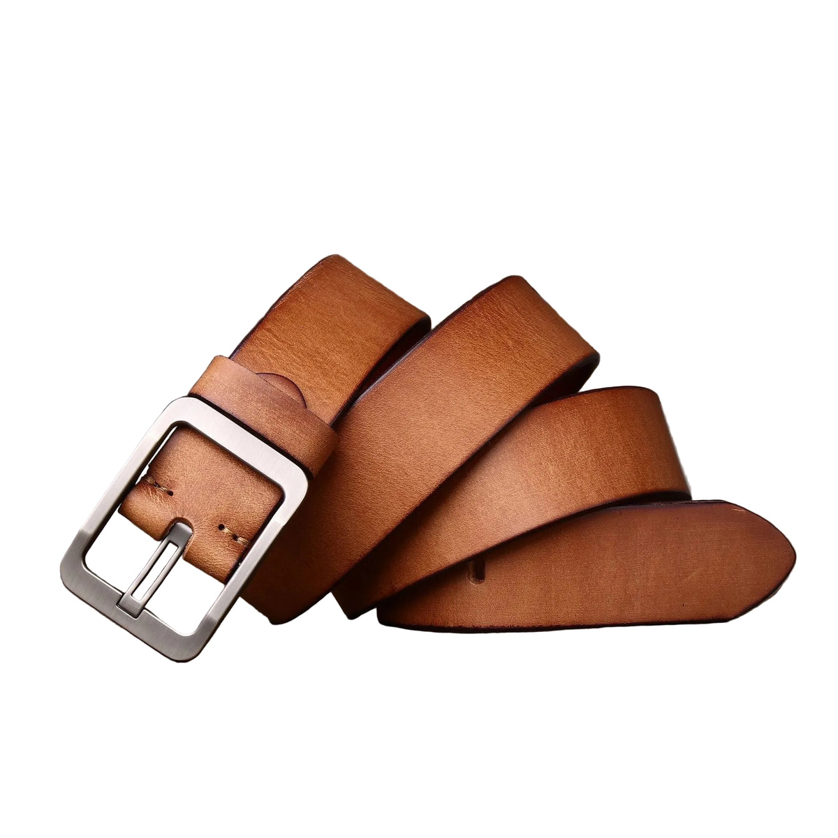 Ceinture homme Luberon en cuir de vachette pleine fleur marron avec finition huilée vieillie et boucle ardillon carrée en argent brossé #fullwidth
