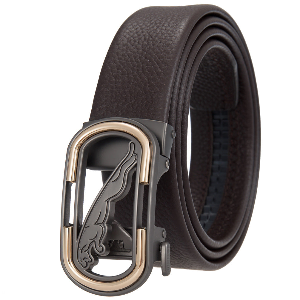 Ceinture pour homme Luc Tan en cuir marron avec une boucle ovale ajourée ornée d'un jaguar stylisé et d'une finition dorée.