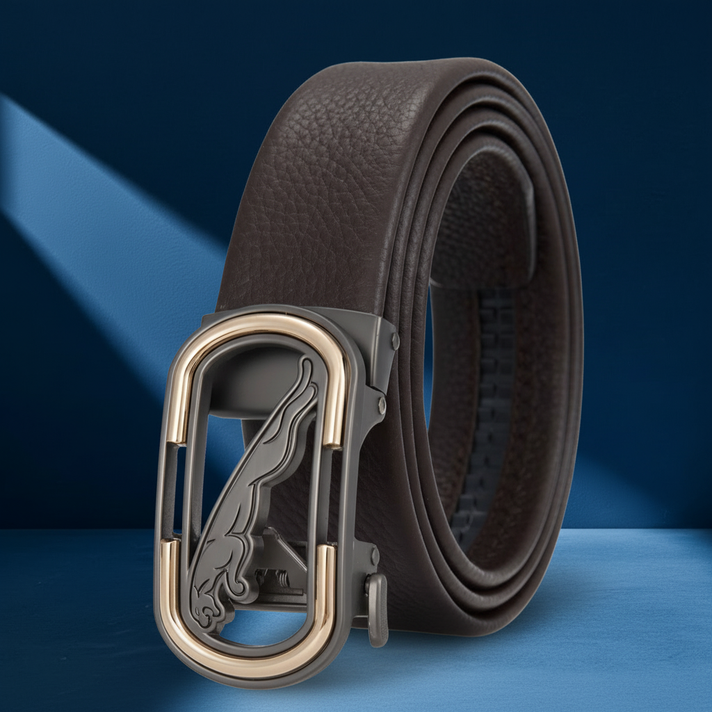 Ceinture homme Luc Tan en cuir marron avec boucle ovale ajourée et motif félin stylisé, mécanisme automatique sans trous, réversible noir et café. #fullwidth