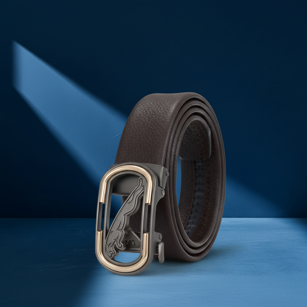 Ceinture homme Luc Tan en cuir marron avec boucle ovale ajourée ornée d'un jaguar stylisé, finition argentée et noire, mécanisme automatique. #fullwidth