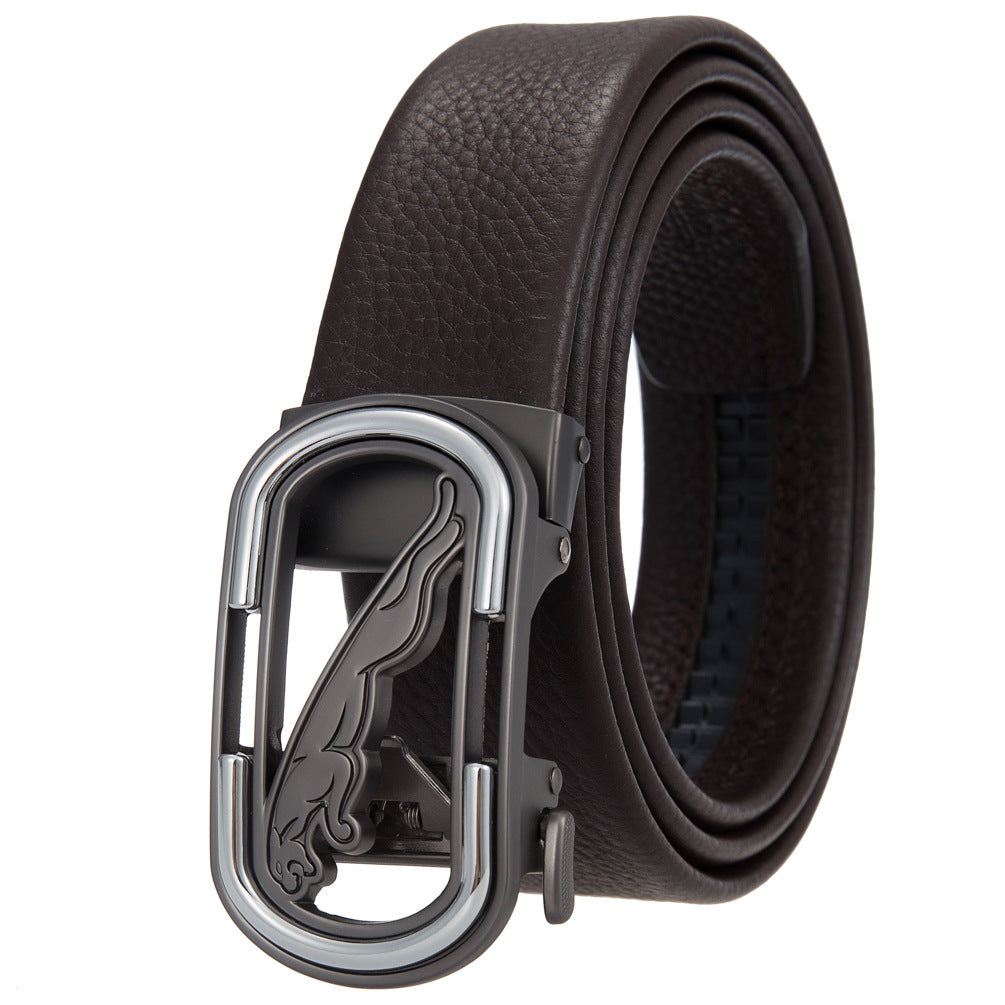 Ceinture homme Luc Tan marron avec boucle ovale argentée ajourée et motif félin stylisé
