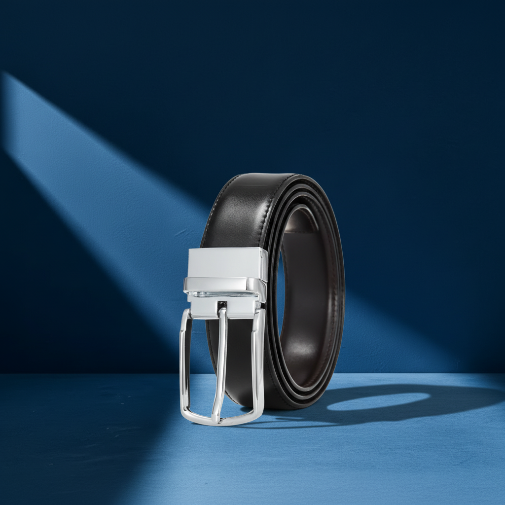 Ceinture homme LucBrut en cuir de vachette réversible avec boucle ardillon rotative argentée et noire #fullwidth