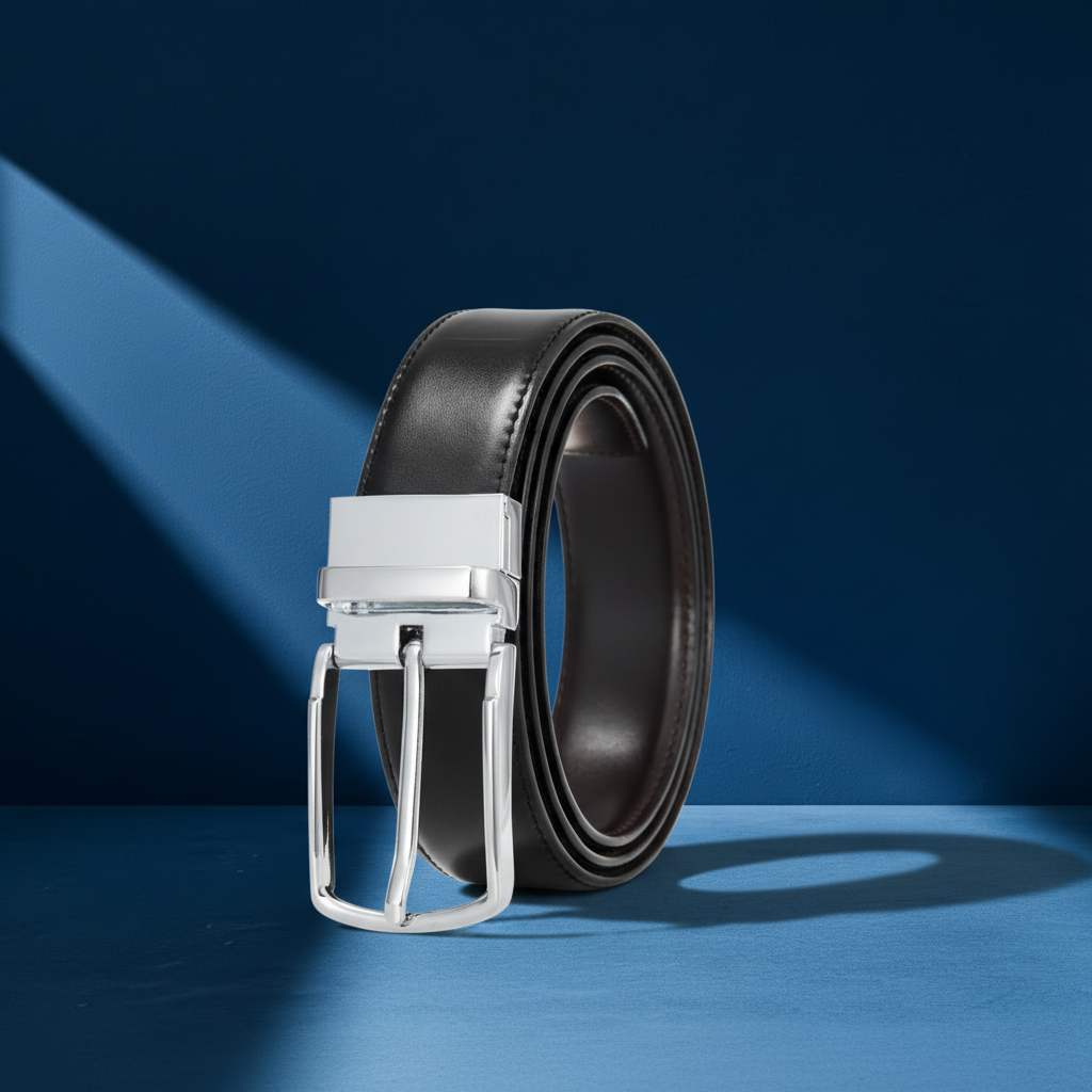 Ceinture homme LucBrut en cuir de vachette réversible noir et café avec boucle ardillon rotative satinée argentée et noire #fullwidth
