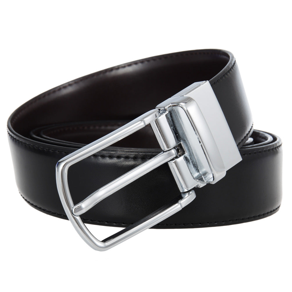 Ceinture homme LucBrut réversible en cuir noir et café avec boucle ardillon rotative argentée et noire satinée.