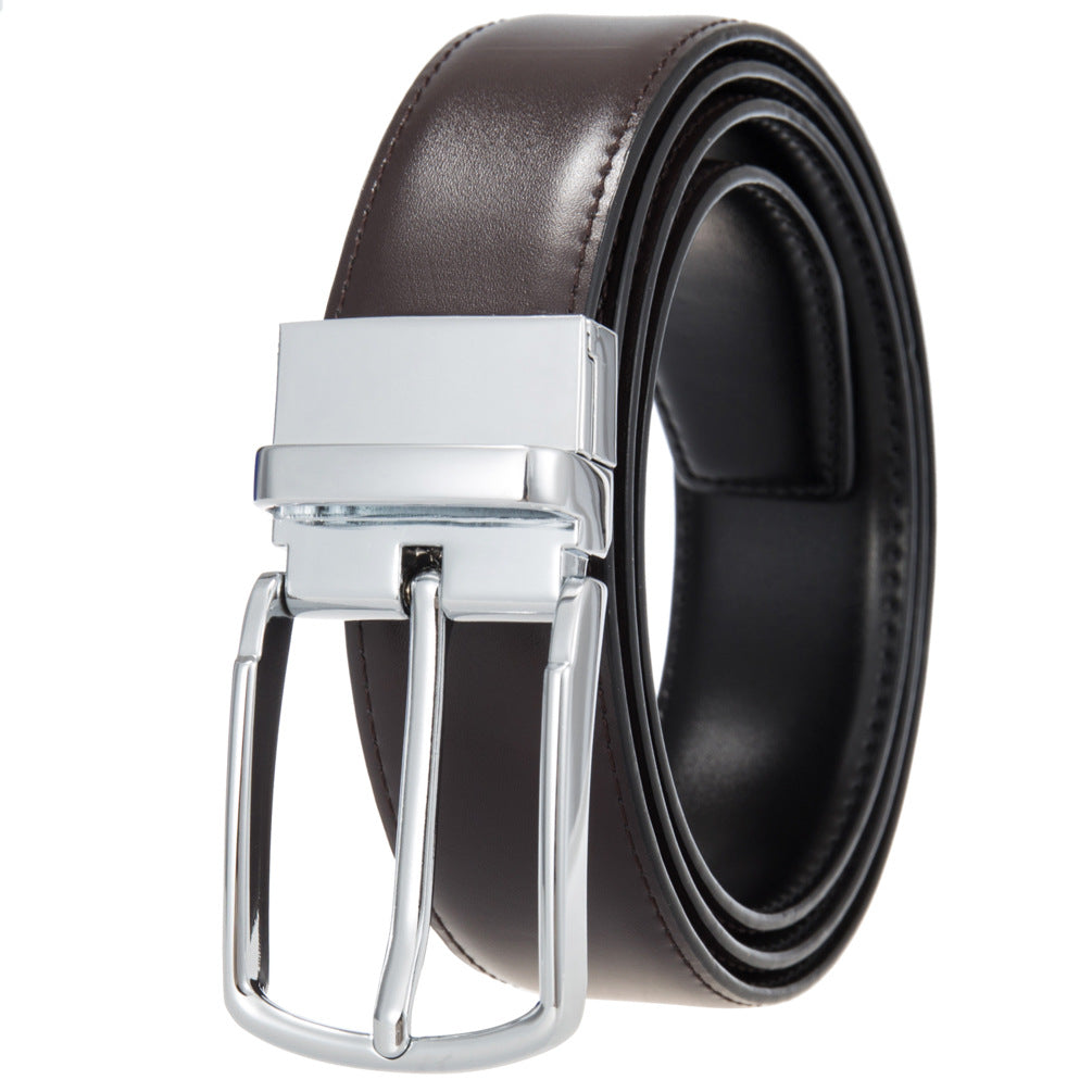 Ceinture homme réversible LucBrut en cuir de vachette marron café et noir, avec boucle ardillon rotative argentée et noire. Largeur 3.5 cm. Idéale pour un style habillé ou décontracté.