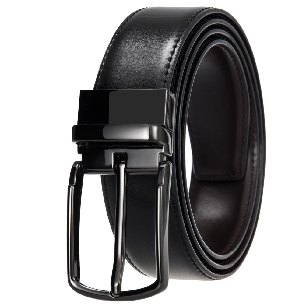 Ceinture homme LucBrut en cuir noir avec boucle ardillon rotative satinée noire et argentée. Largeur 3,5 cm, réversible noir/café.