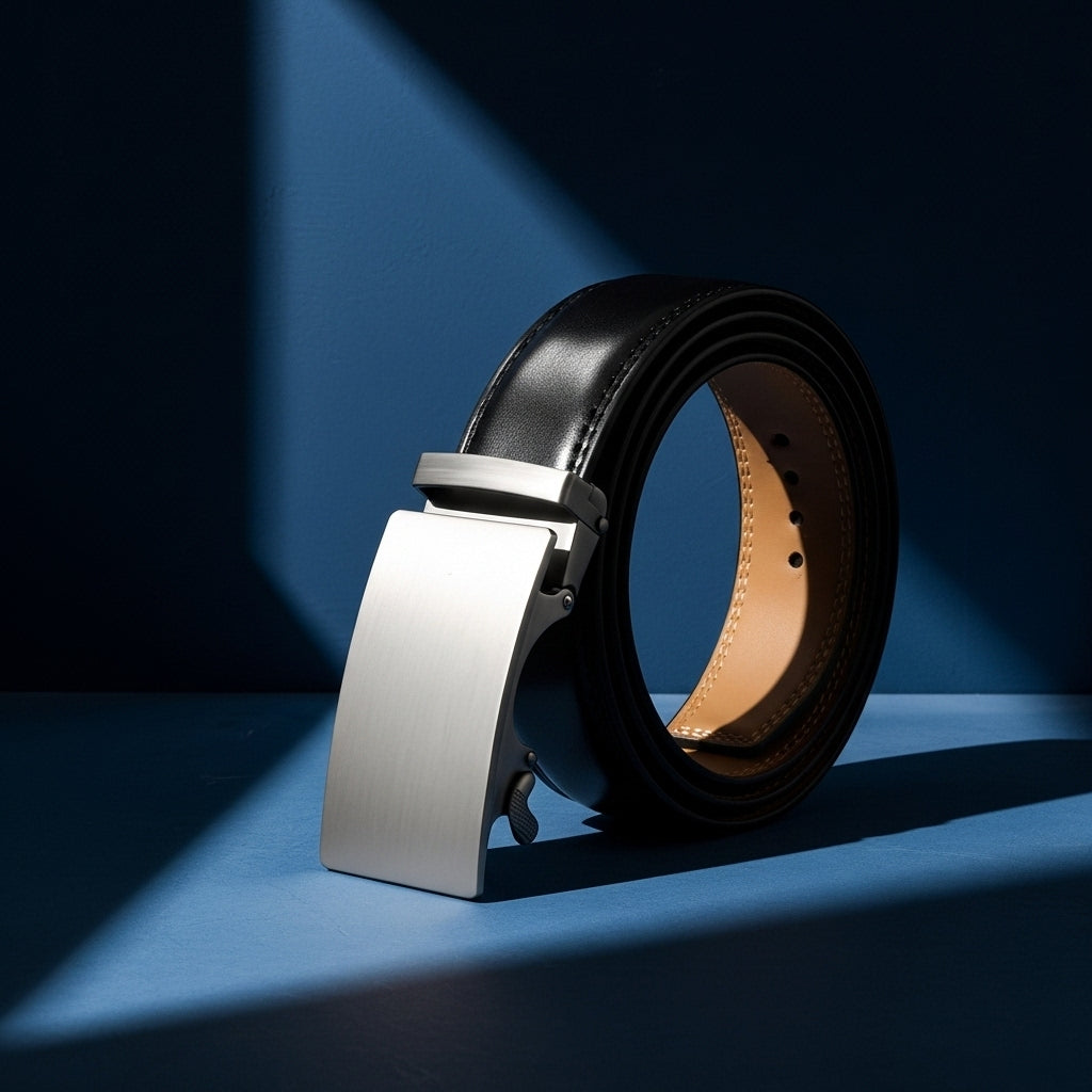 Ceinture Lucien noire pour homme en cuir lisse, avec une boucle automatique rectangulaire en alliage à finition argenté brossé et un système de rail cranté pour un ajustement précis. #fullwidth