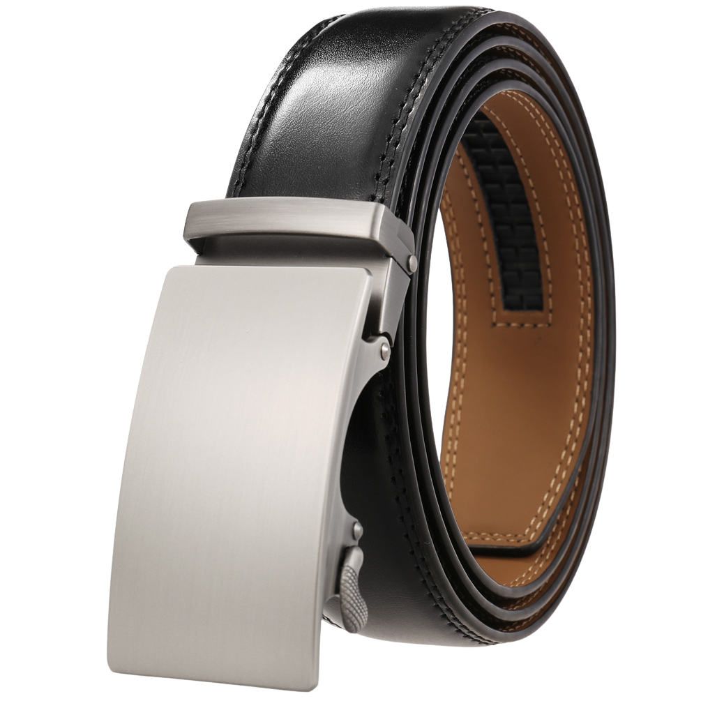 Ceinture homme Lucien noire en cuir lisse avec boucle automatique rectangulaire argentée brossée et système d'ajustement à crans