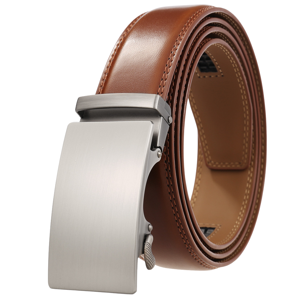Ceinture Lucien marron en cuir de vachette avec boucle automatique argentée brossée et système de réglage précis sans trous.