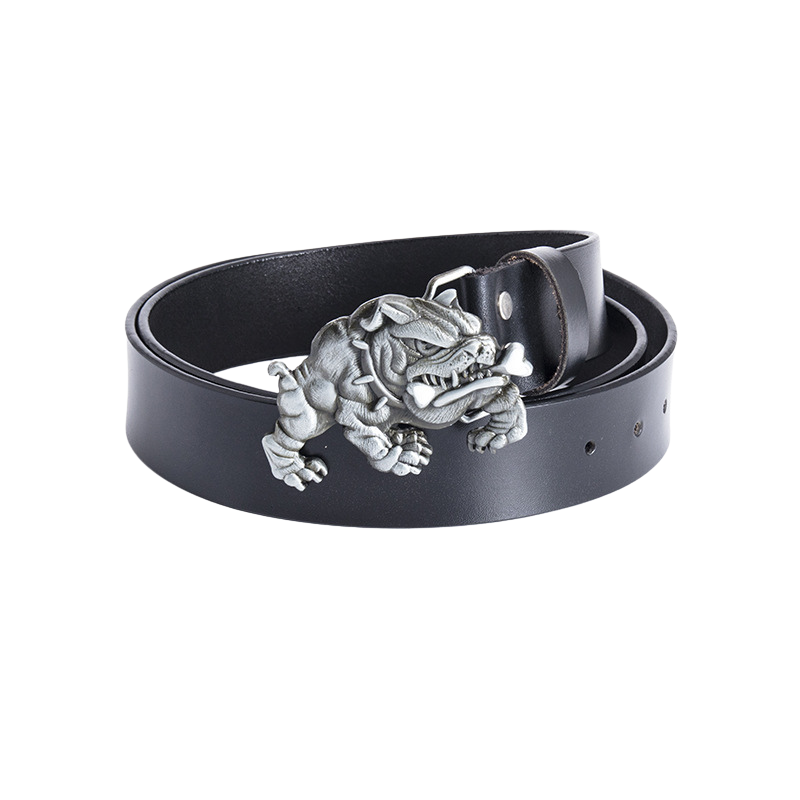 Ceinture noire Lulu Sauvage pour homme avec une boucle argentée originale représentant un bouledogue mordant un os.