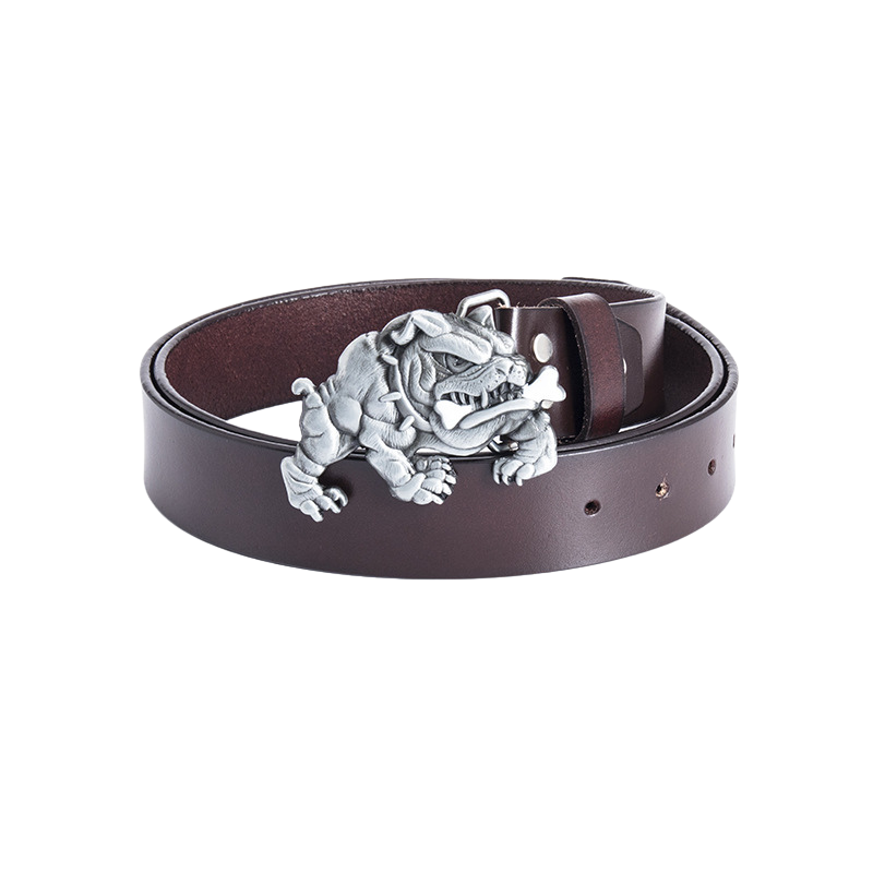 Ceinture Lulu Sauvage marron en cuir avec boucle argentée en forme de bouledogue mordant un os