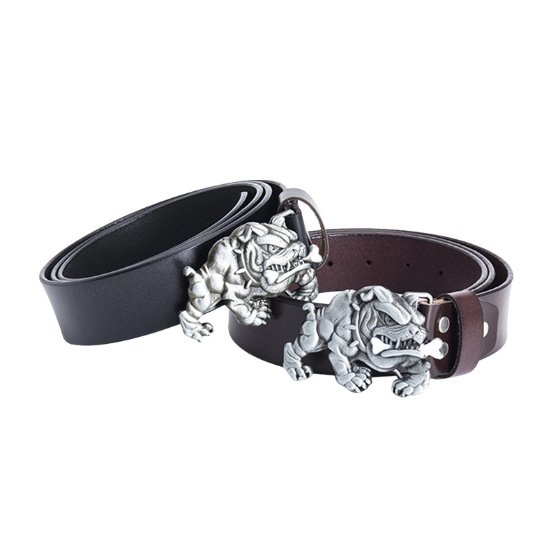 Ceinture Lulu Sauvage en cuir noir et marron avec boucle argentée en forme de bouledogue tenant un os