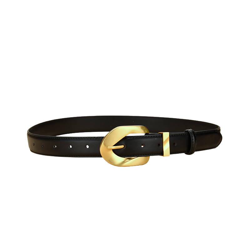 Ceinture Lydie noire en cuir refendu avec boucle ardillon en métal doré finition brillante. Largeur de 2,8 cm.