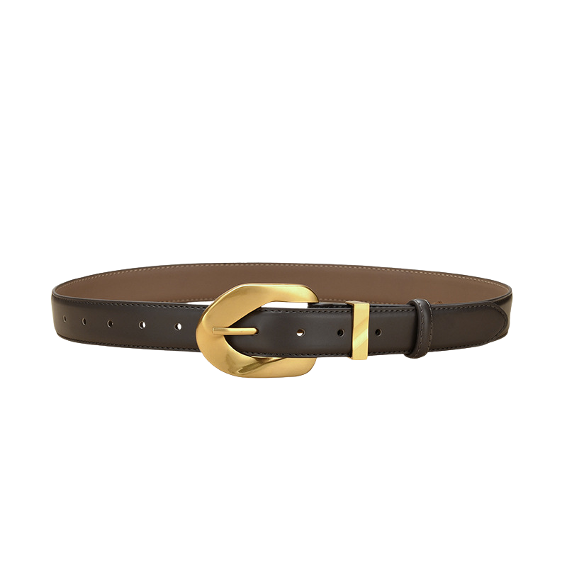 Ceinture Lydie en cuir refendu de vachette marron foncé avec une boucle ardillon dorée en forme de C.