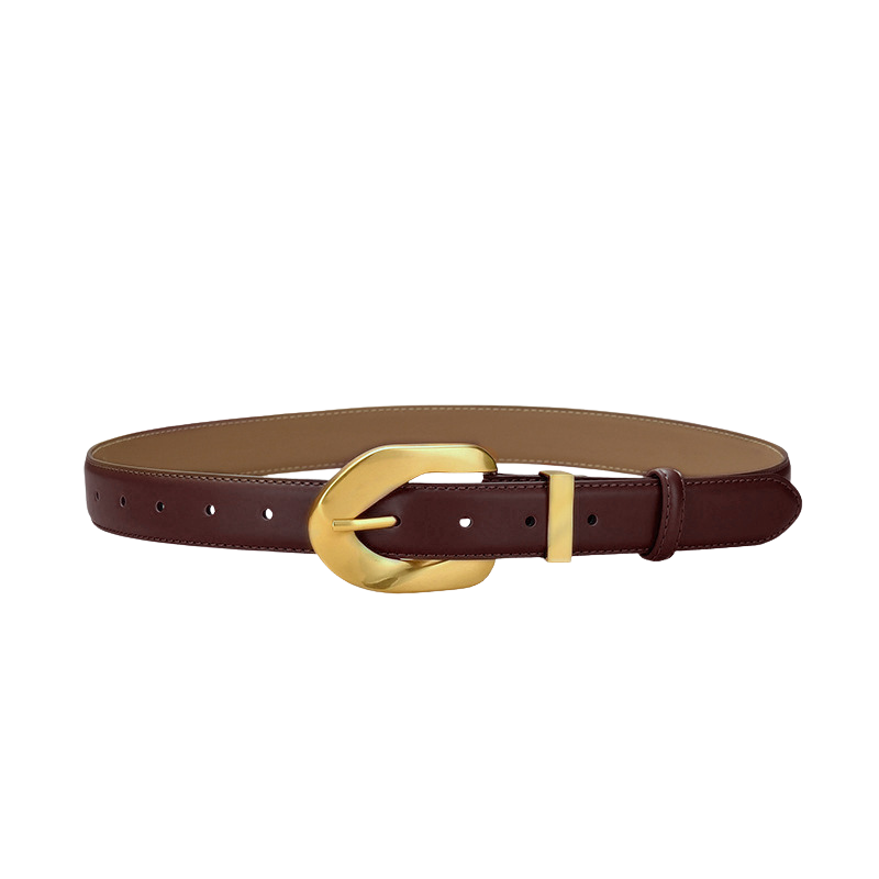 Ceinture femme Lydie en cuir refendu bordeaux avec boucle ardillon dorée en forme de C.