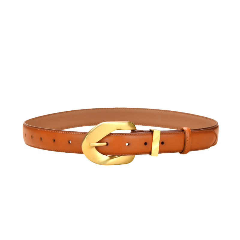 Ceinture Lydie en cuir refendu de vachette marron clair avec boucle ardillon en métal doré en forme de C.