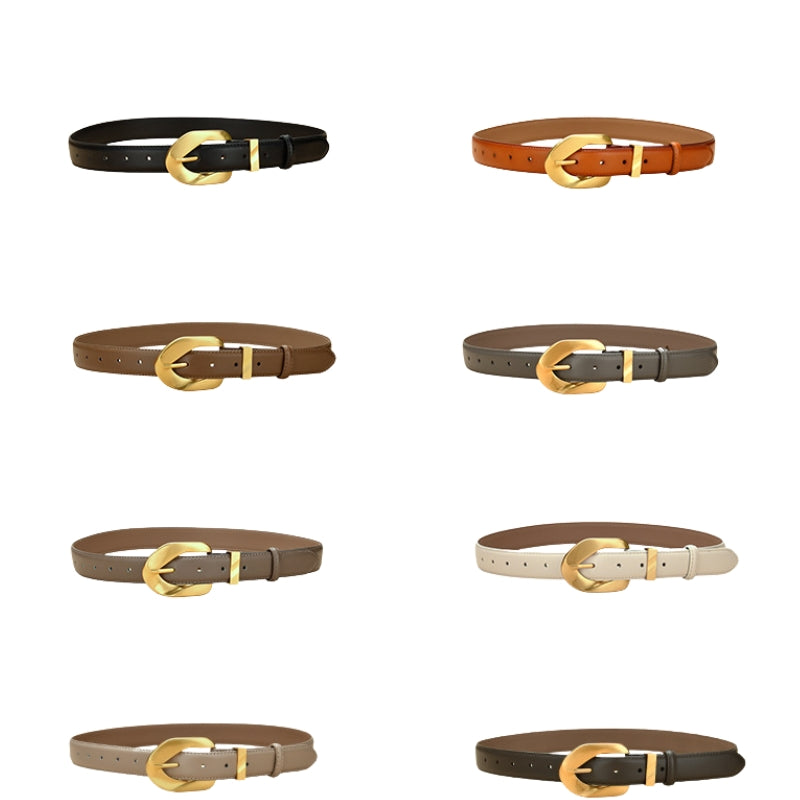 Ceinture Lydie en cuir refendu de vachette avec boucle ardillon en métal doré en forme de C, disponible en plusieurs couleurs.