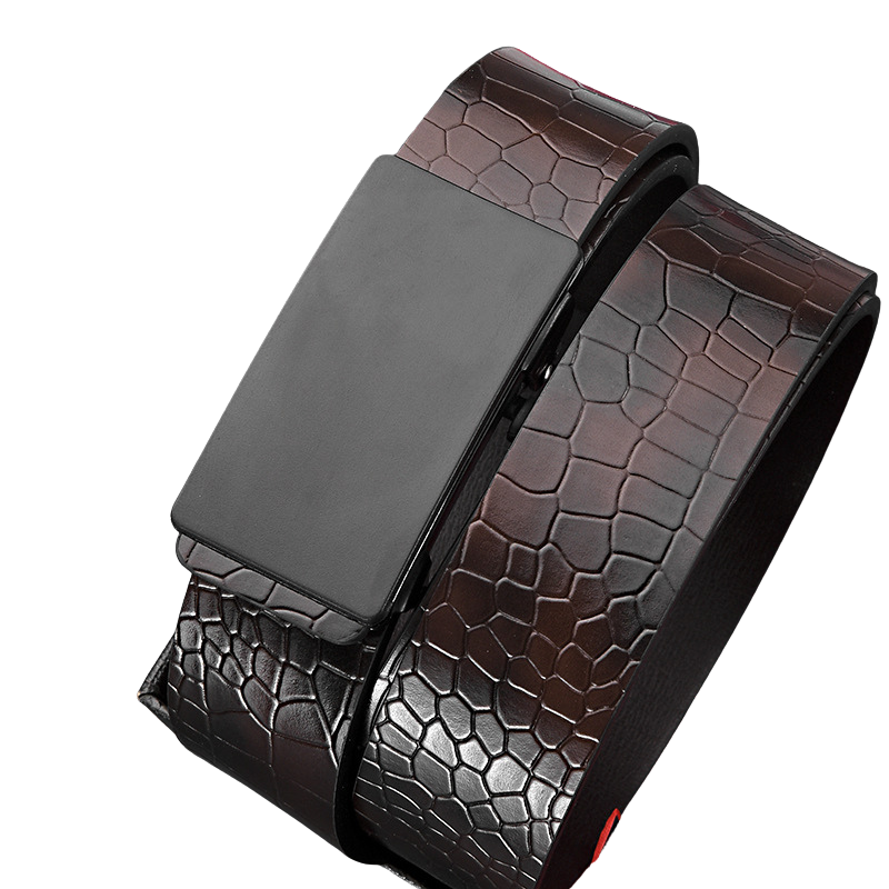 Ceinture homme Lyonnais en cuir marron à motif crocodile avec boucle automatique rectangulaire noire. #fullwidth