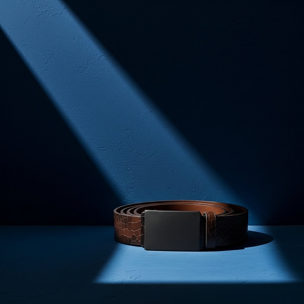 Ceinture pour homme Lyonnais en cuir de vachette marron avec embossage crocodile et boucle automatique rectangulaire noire, éclairée par un rayon de lumière sur fond bleu. #fullwidth