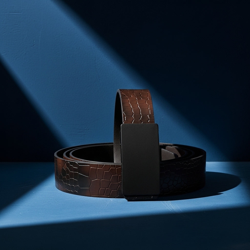 Ceinture pour homme Lyonnais en cuir marron à embossage crocodile, avec boucle rectangulaire automatique noire. #fullwidth