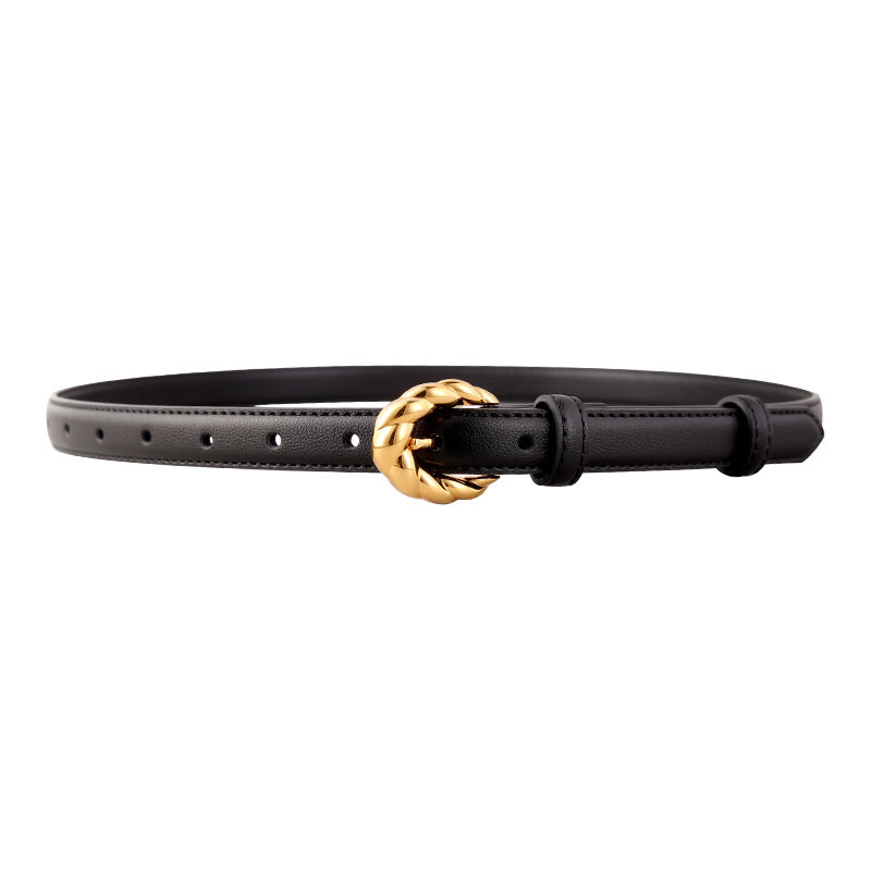 Ceinture femme Madeline en cuir noir lisse avec boucle ardillon ronde au design torsadé doré