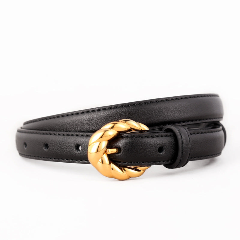 Ceinture femme Madeline en cuir noir lisse avec boucle ardillon ronde en métal doré torsadé