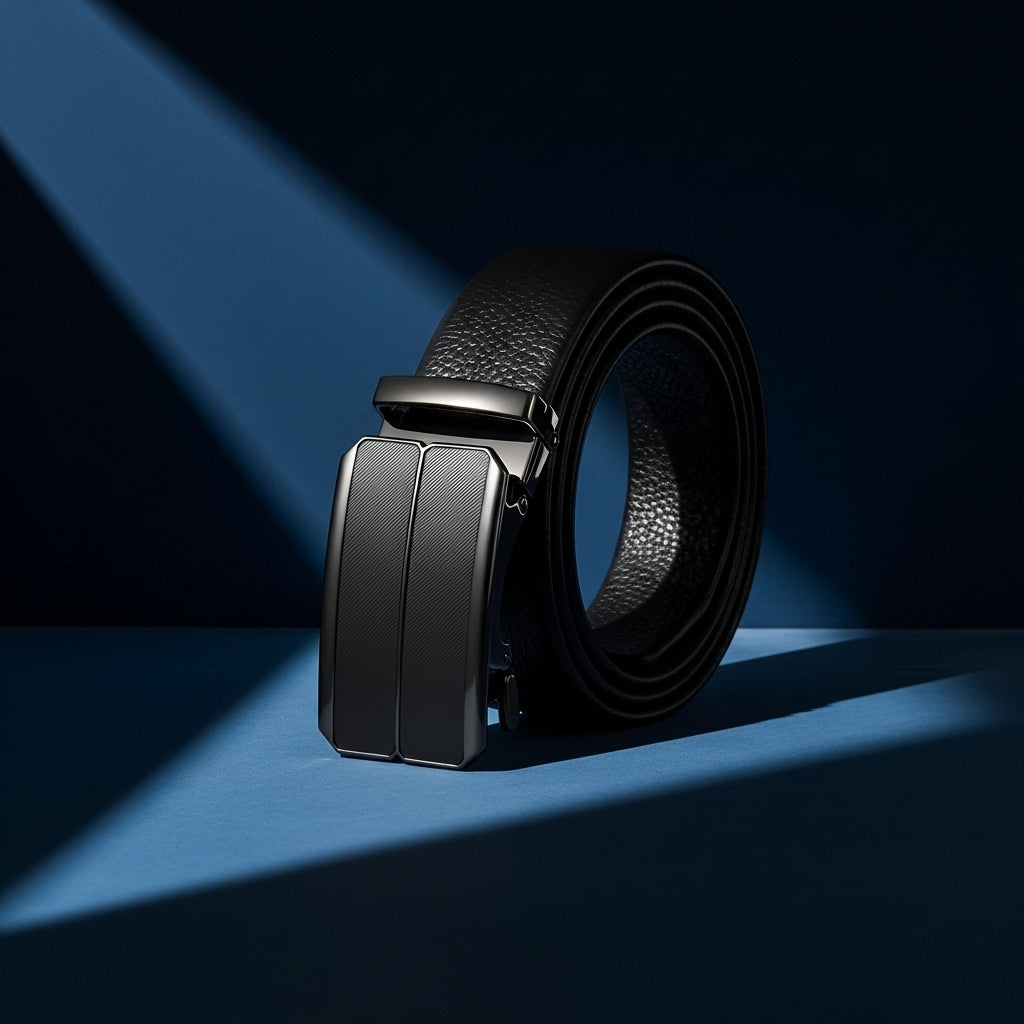 Ceinture homme Maël en cuir noir texturé avec boucle automatique rectangulaire striée. #fullwidth
