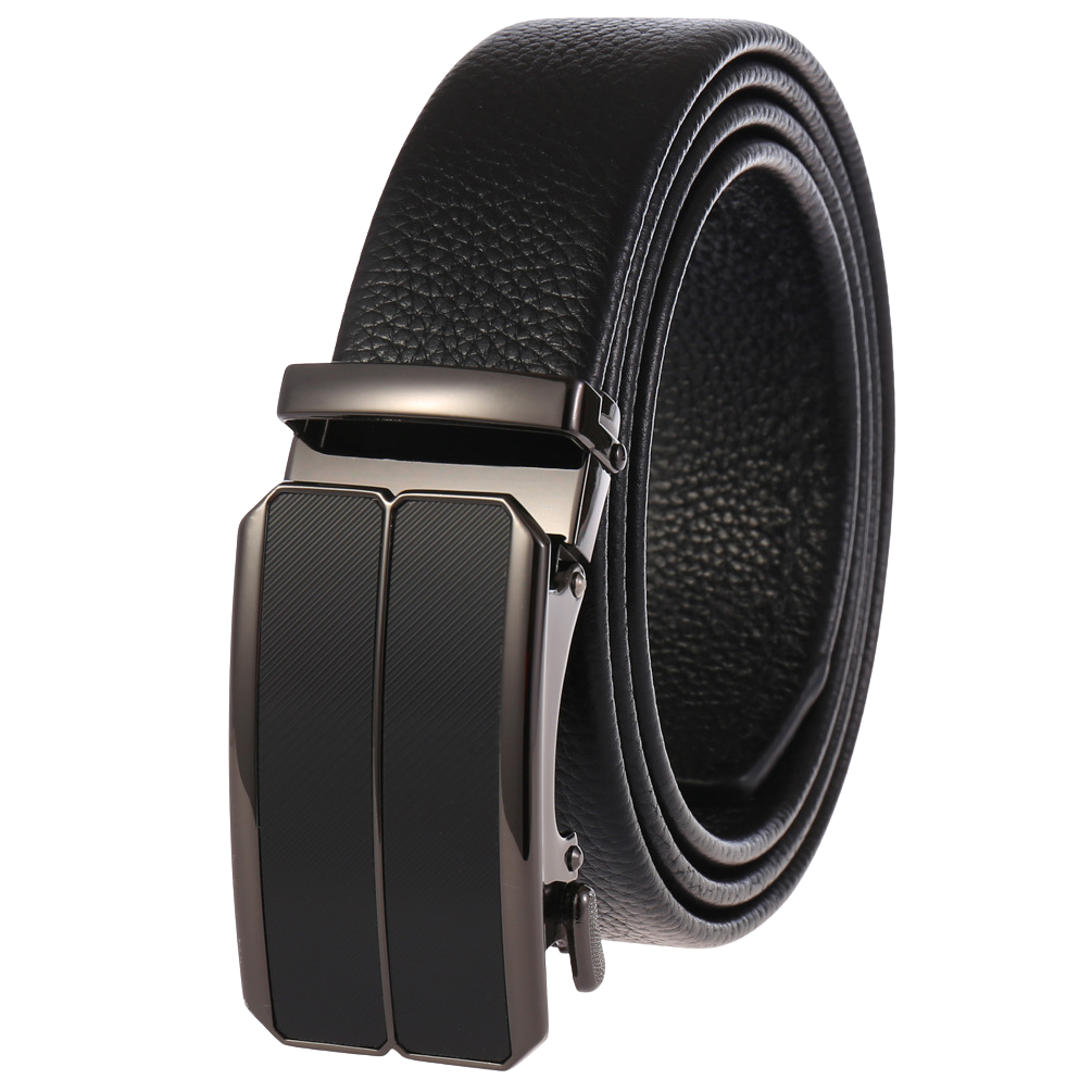 Ceinture homme Maël en cuir noir texturé avec boucle automatique rectangulaire striée et argentée.