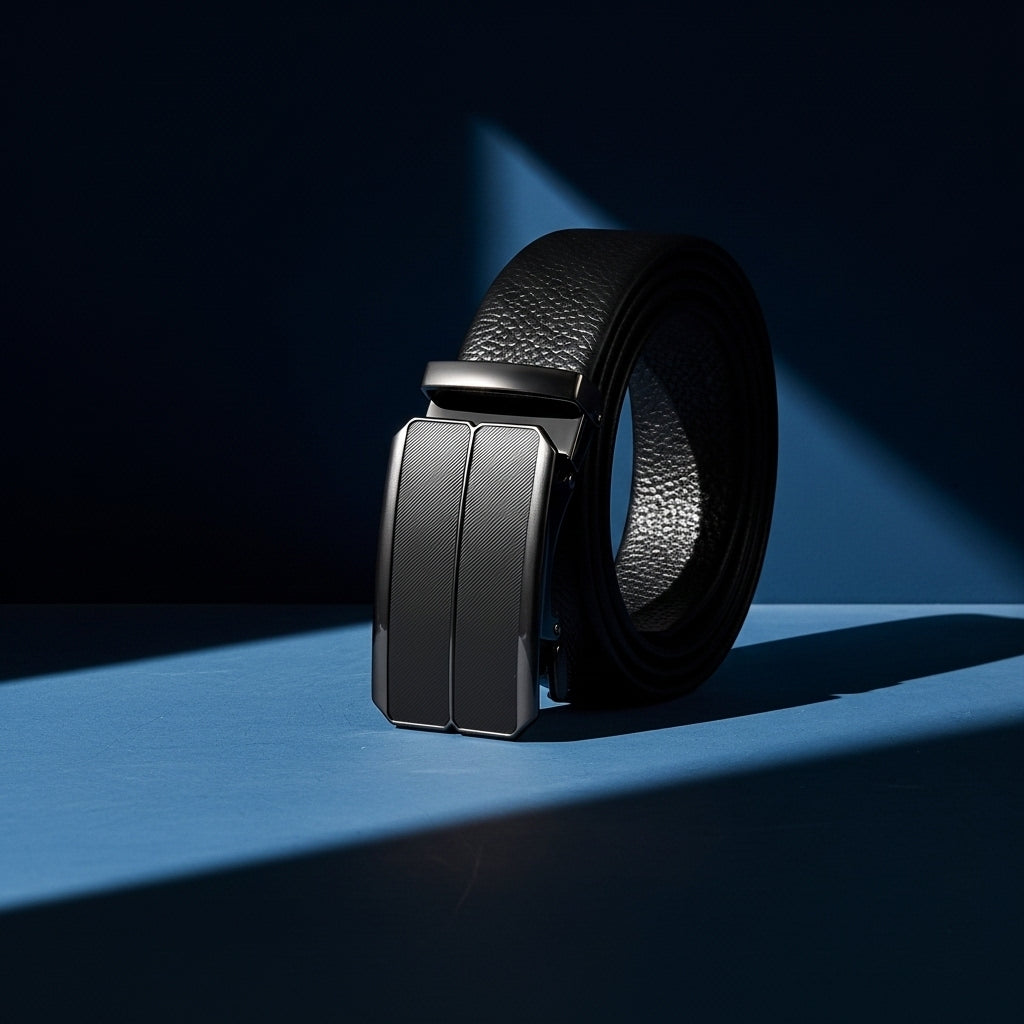 Ceinture Maël pour homme en cuir noir texturé, avec une boucle automatique rectangulaire striée et un design sans trou visible, sur fond bleu. #fullwidth