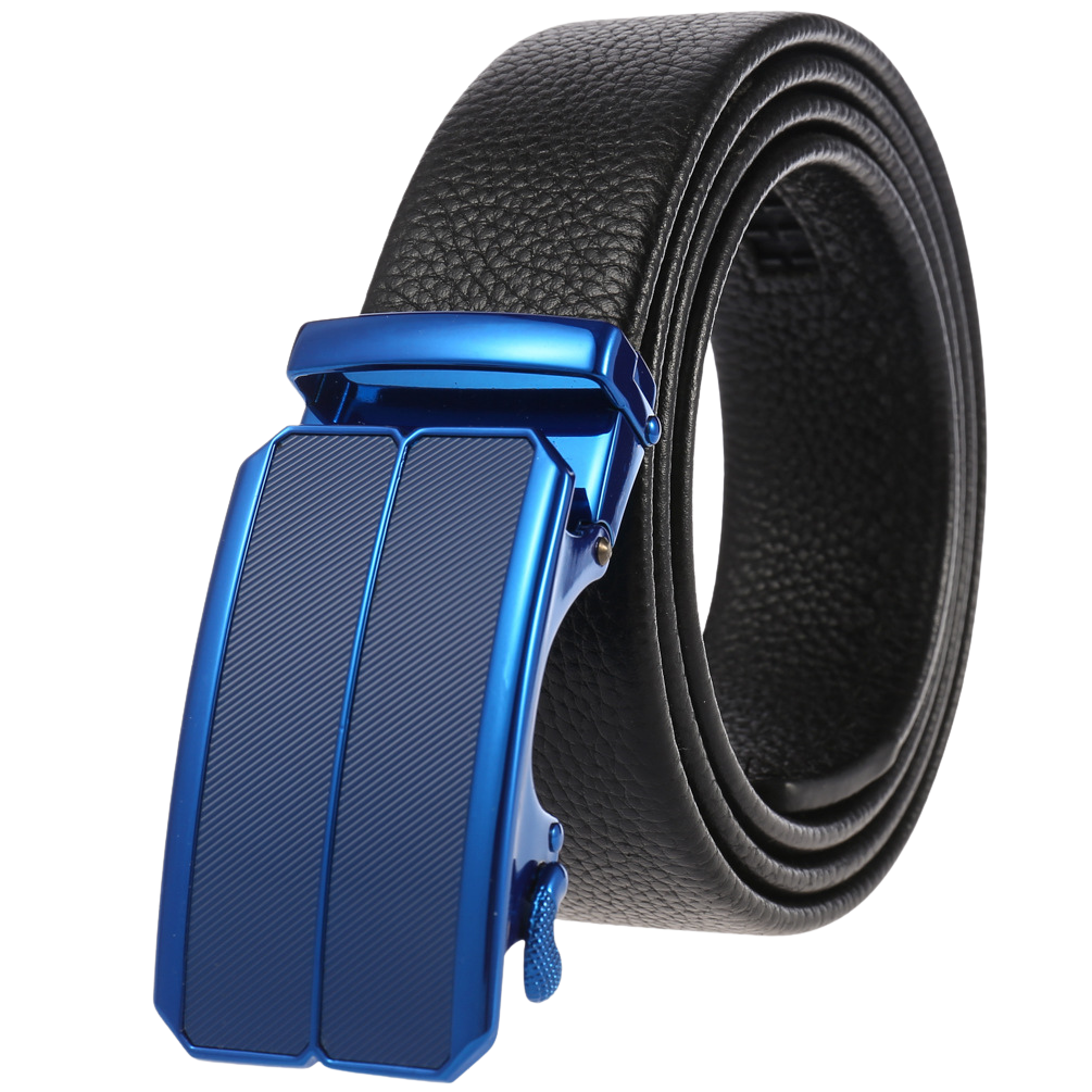 Ceinture homme Maël en cuir noir avec boucle automatique rectangulaire bleue striée et texturée.