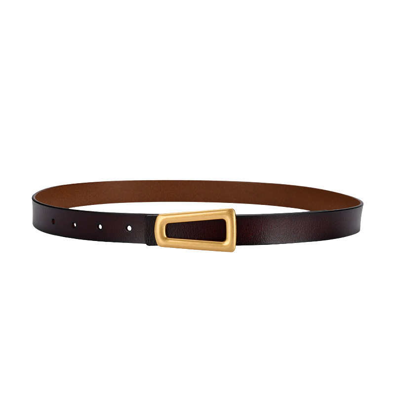 Ceinture femme Majestueuse en cuir marron foncé avec une boucle rectangulaire dorée mate.