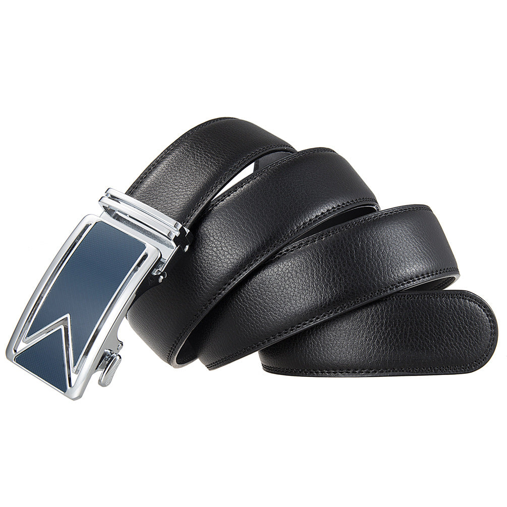 Ceinture homme Marais 20 en cuir noir avec boucle automatique argentée et insert bleu.