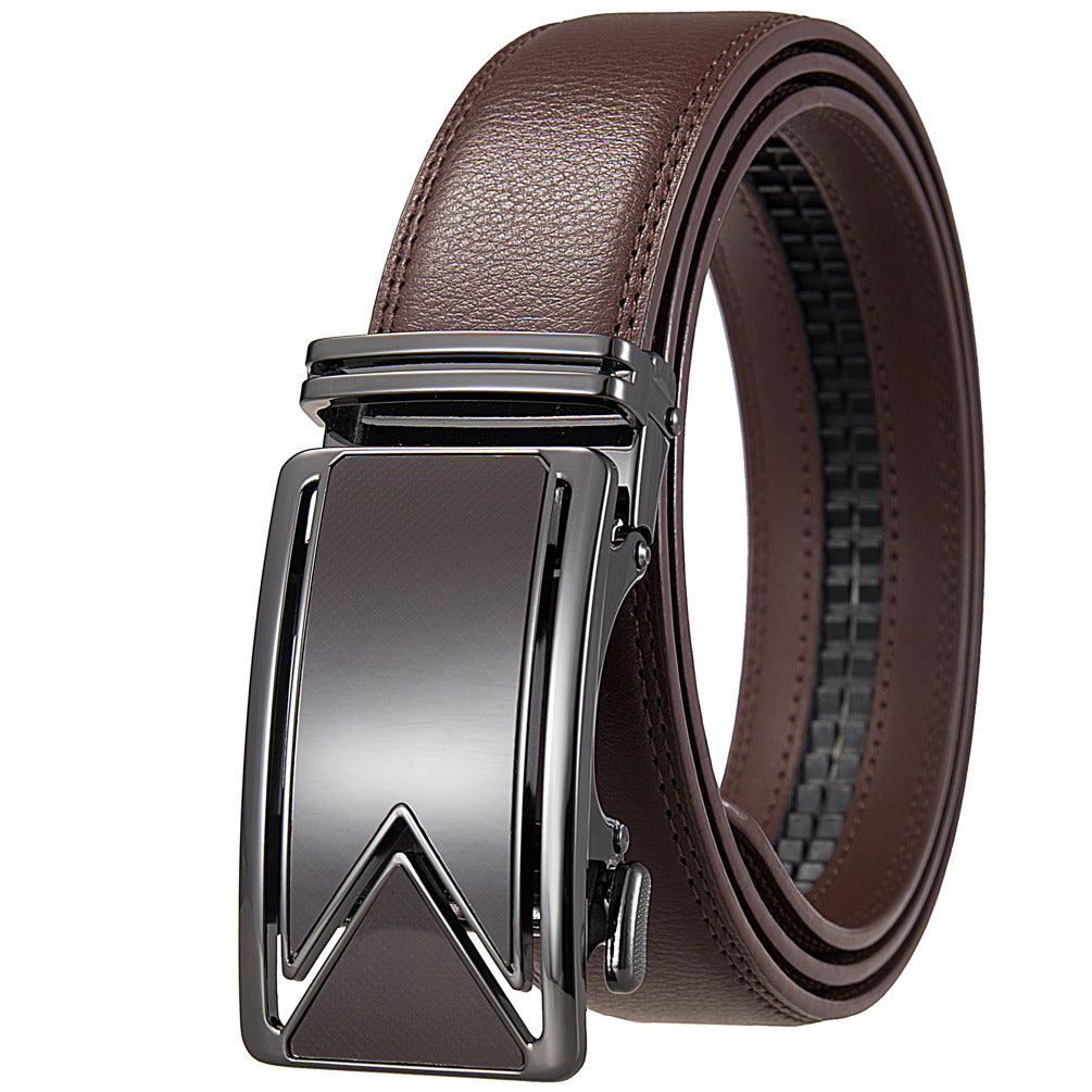 Ceinture homme Marais 20 en cuir marron avec boucle automatique rectangulaire en alliage gris anthracite et détails argentés.