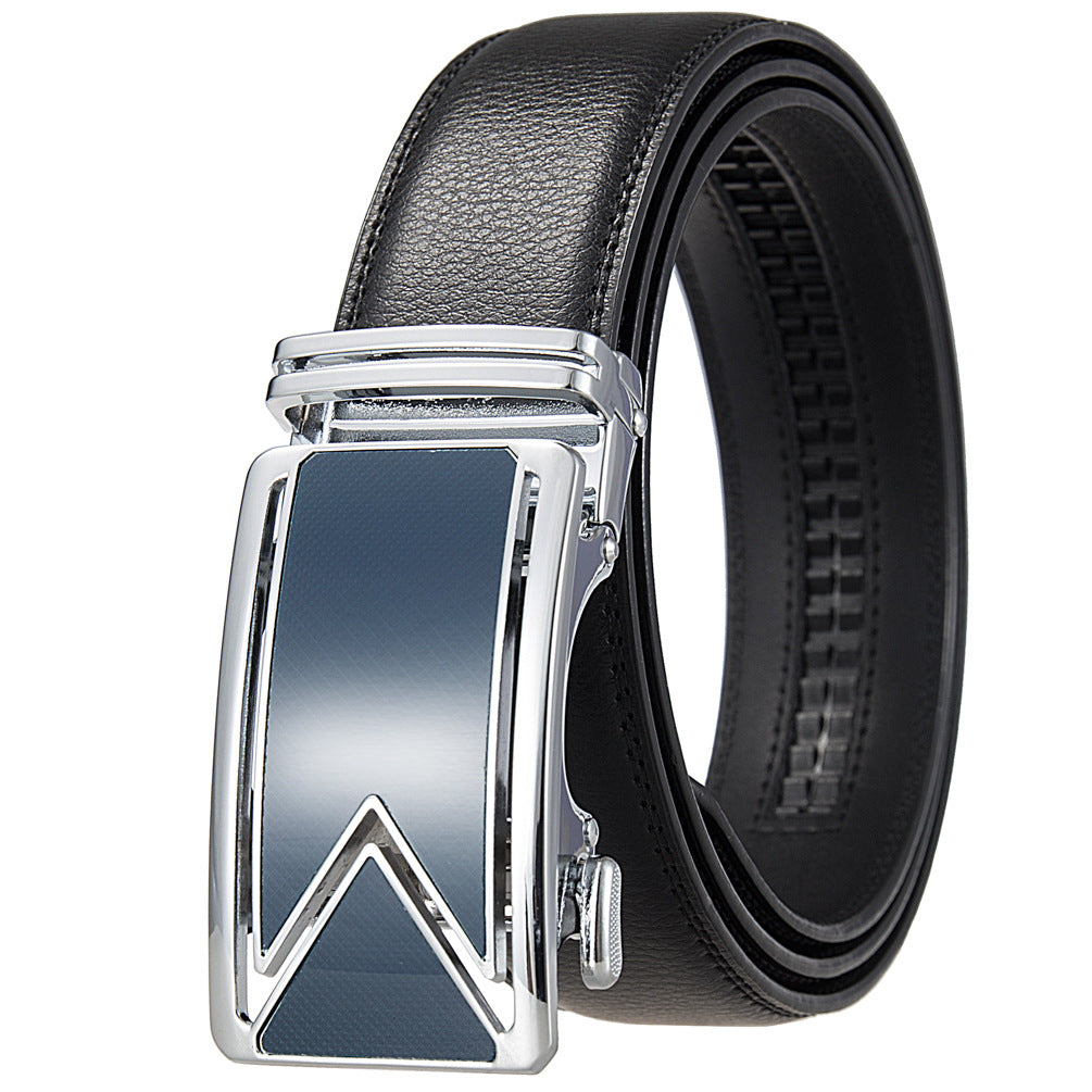 Ceinture homme Marais 95 en cuir noir avec boucle automatique argentée et insert bleu