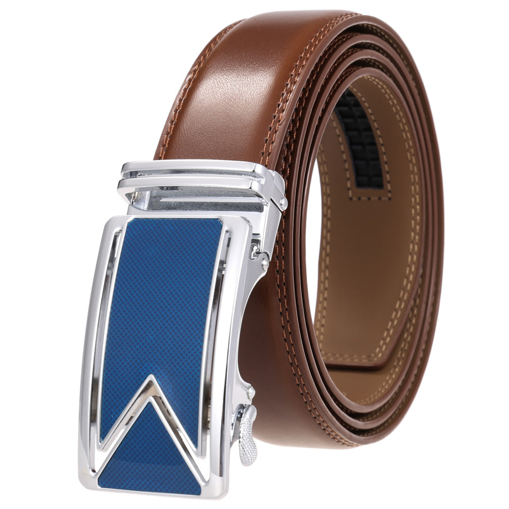 Ceinture homme Marais 95 en cuir marron avec boucle automatique argentée et insert bleu texturé bleu