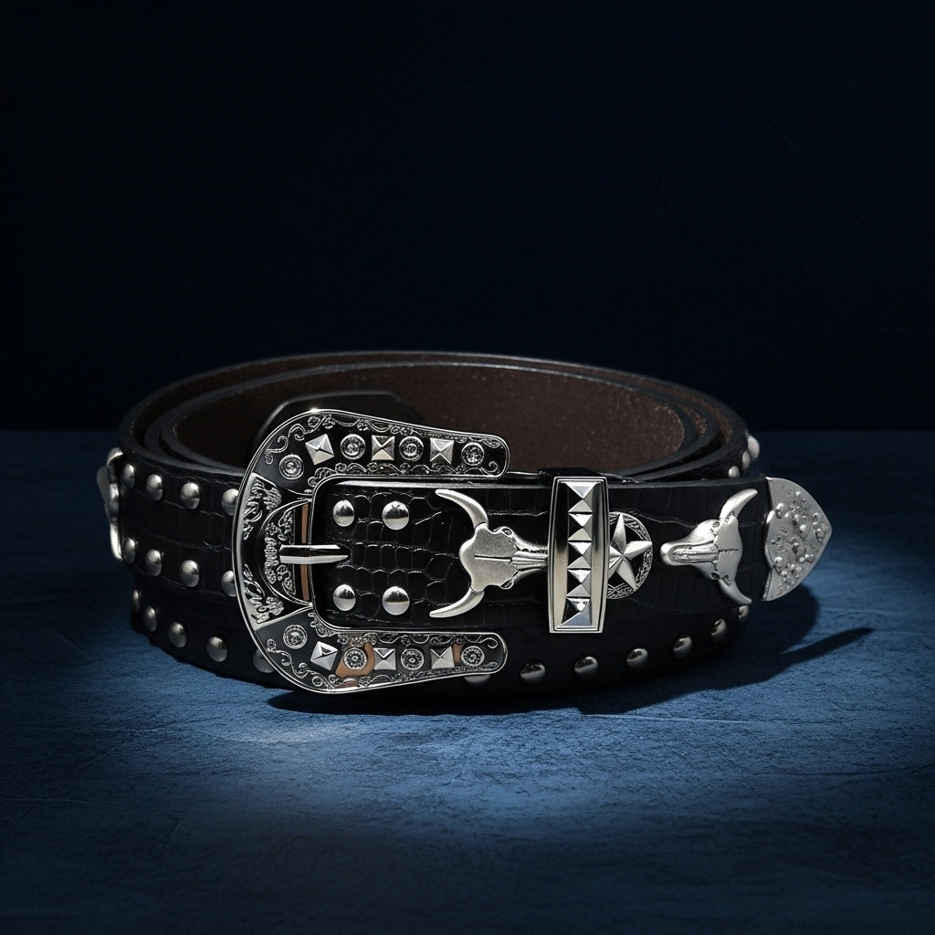 Ceinture Marceau pour homme en simili cuir noir avec motif crocodile clouté et boucle ardillon argentée ornée d'une tête de taureau. Style western punk. #fullwidth