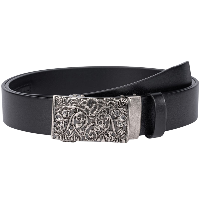 Ceinture Maréno pour homme en cuir noir avec boucle automatique argentée ornée d'un motif floral sculpté détaillé.