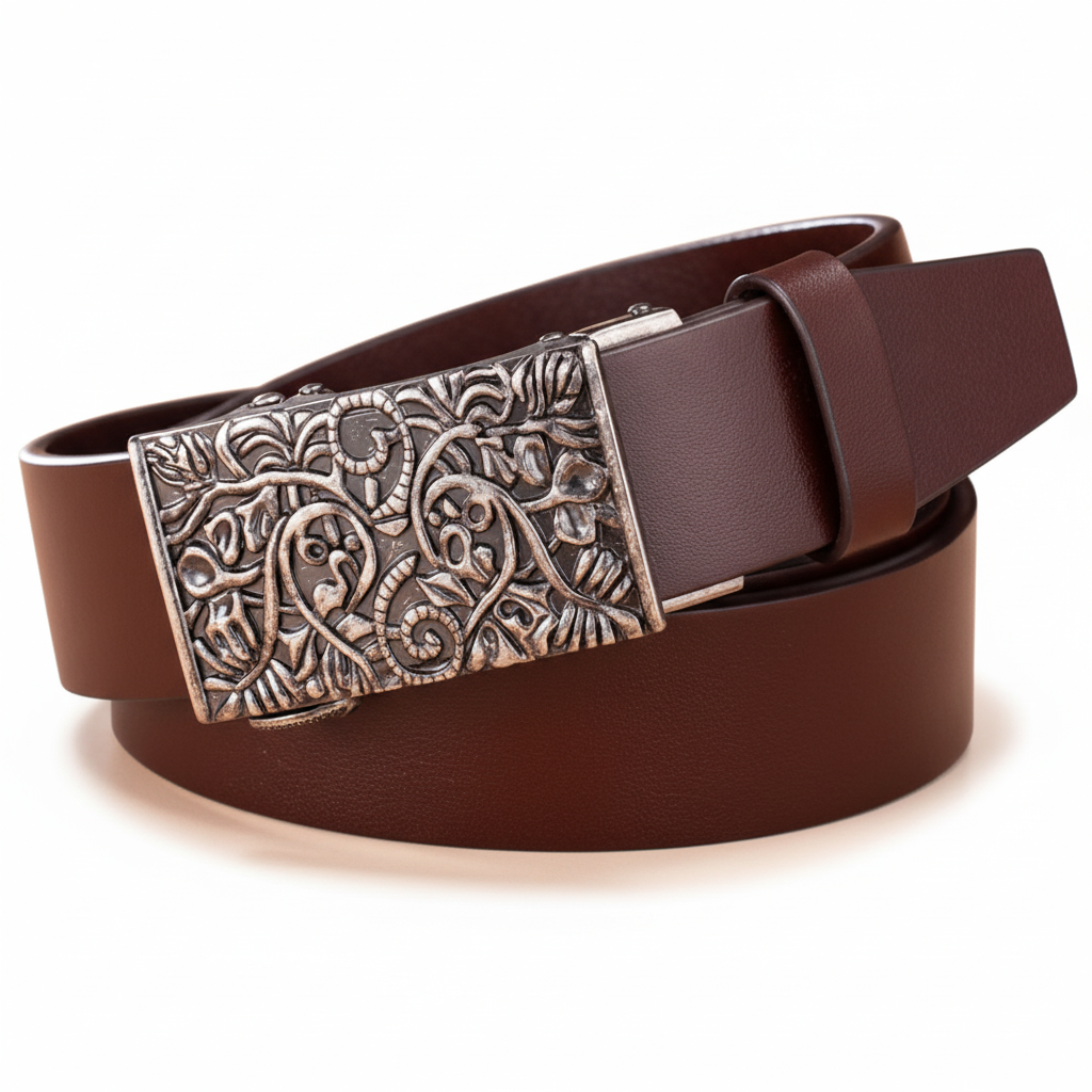 Ceinture Maréno pour homme en cuir marron avec boucle argentée rectangulaire ornée d'un motif floral sculpté floral