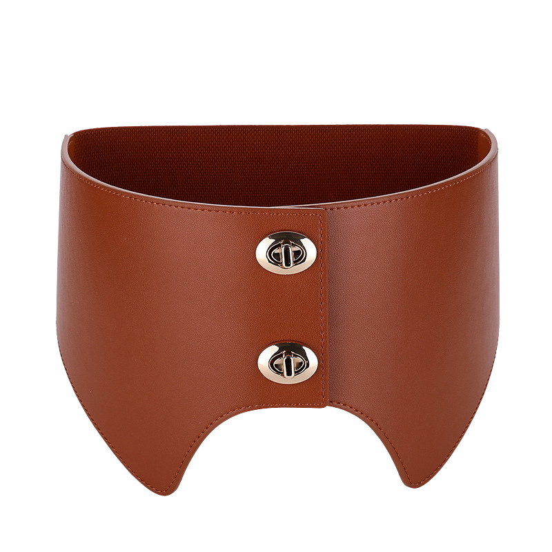Ceinture Margaux extra large en cuir nubuck couleur camel avec deux boutons pression argentés et boucle ovale dorée, parfaite pour souligner la taille sur une robe ou une tunique.